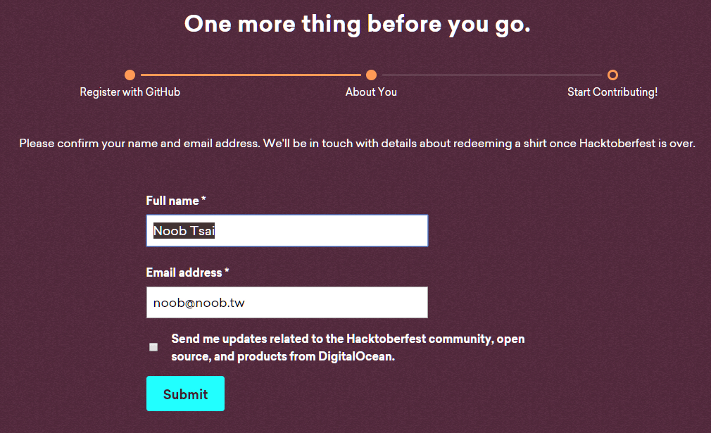 填写 Name and Email 填写 Name and Email